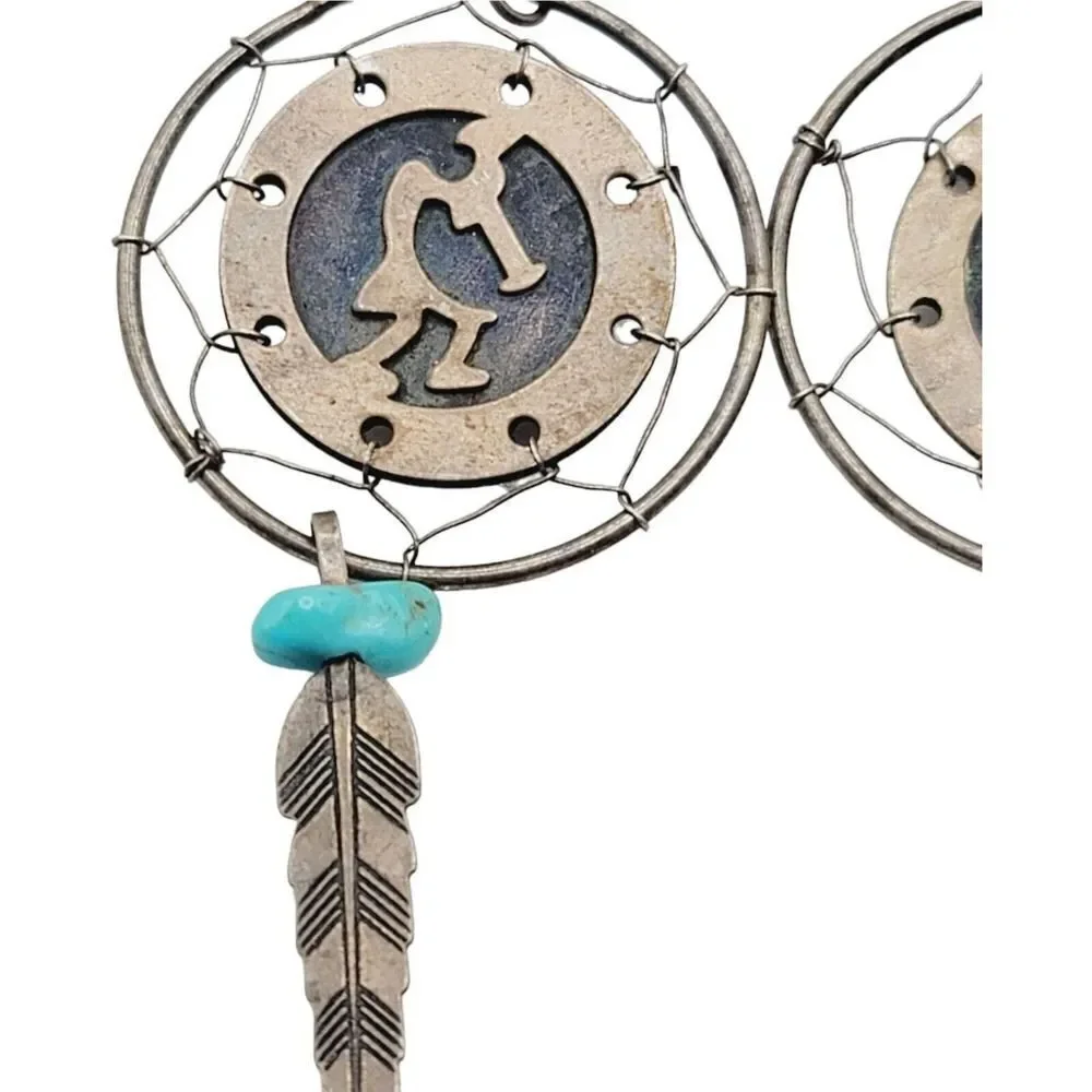 Vtg Navajo Kokopelli Sterling Silver Dream Catcher Earrings‎ with Turquoise